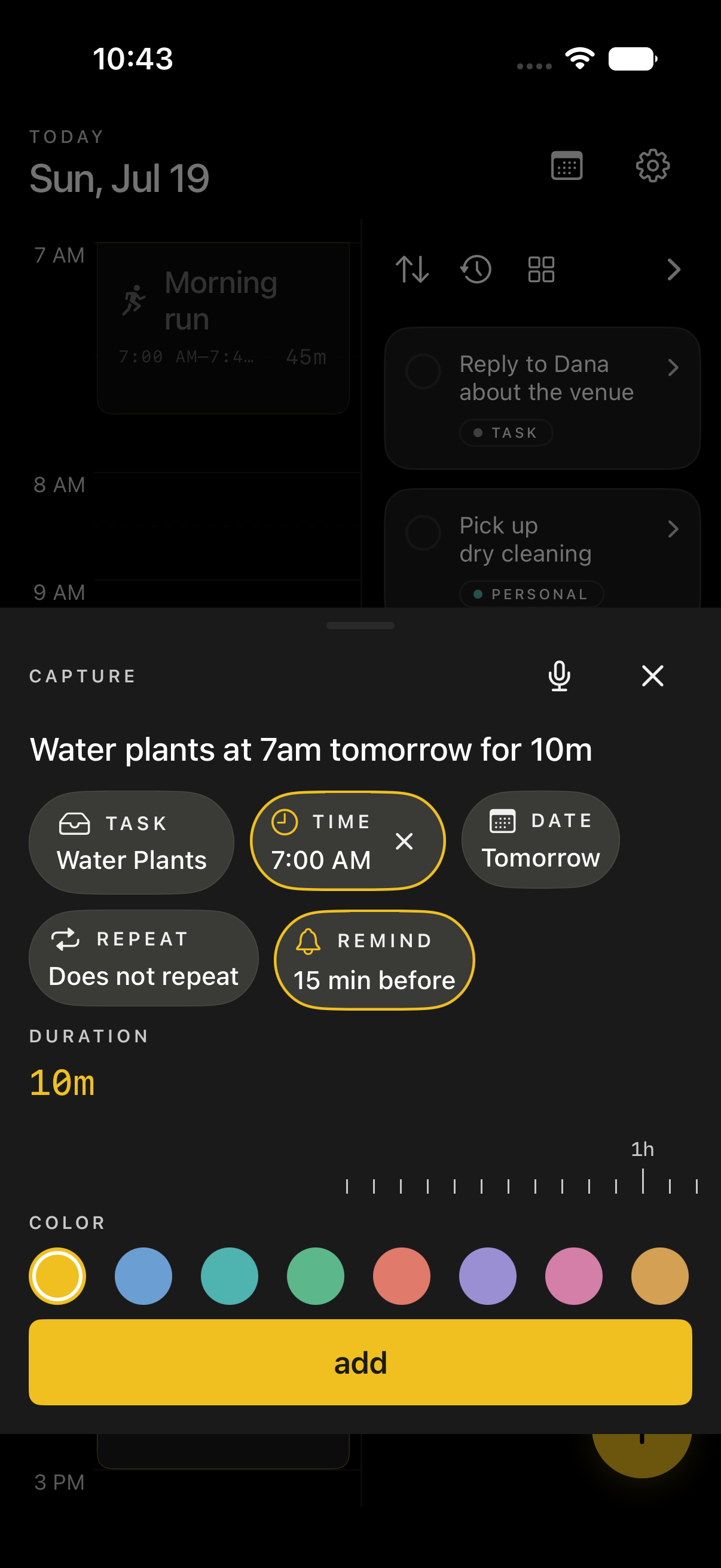 Capture sheet parsing water plants at 7 am tomorrow for 10 minutes