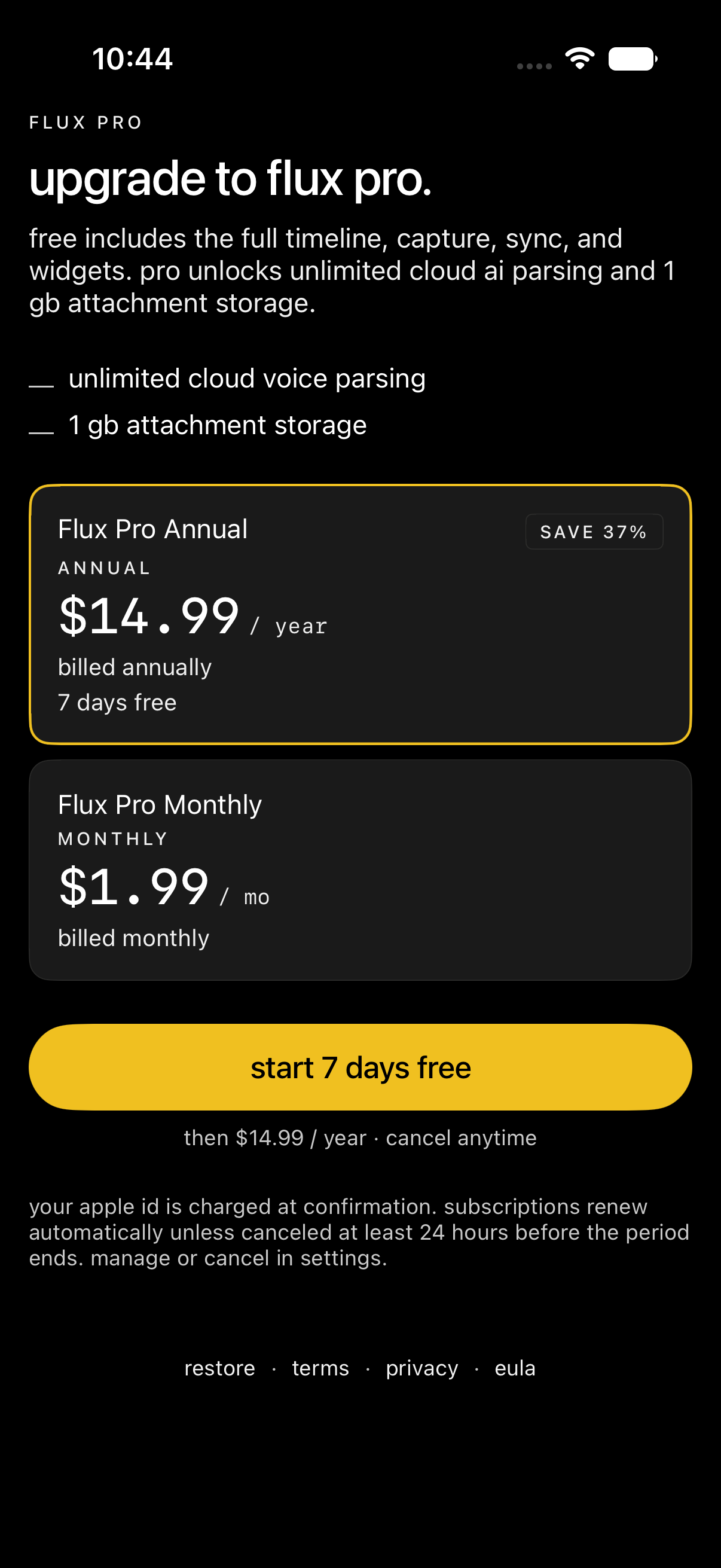 Flux Pro paywall with annual and monthly subscription plans