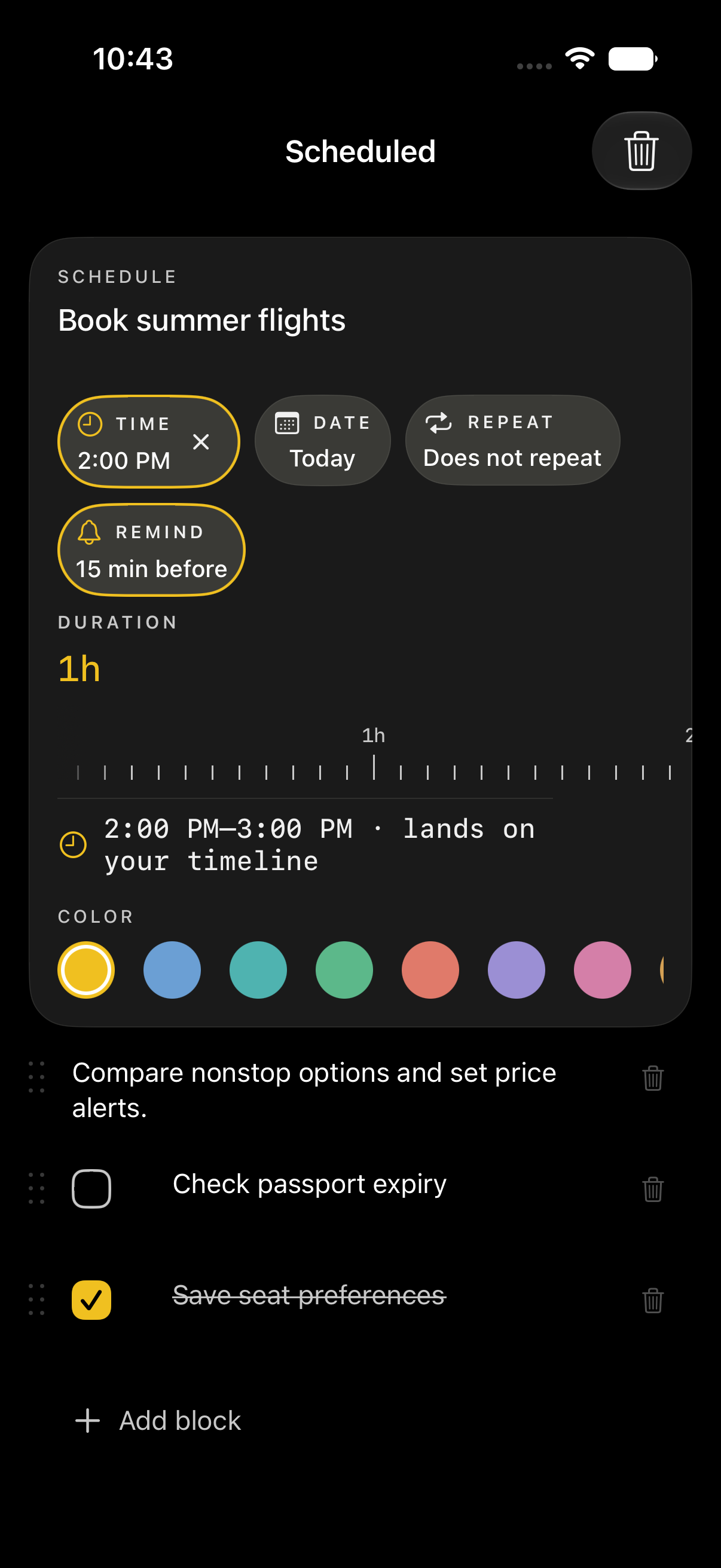 Task page for booking summer flights with schedule and checklist