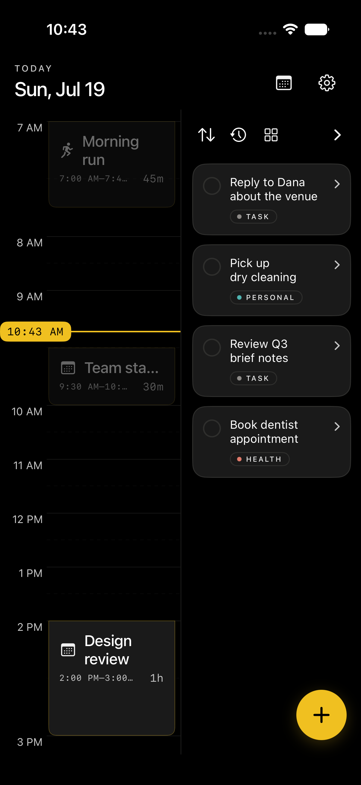 Flux timeline with a morning run, family call, errands, and dinner scheduled across the day