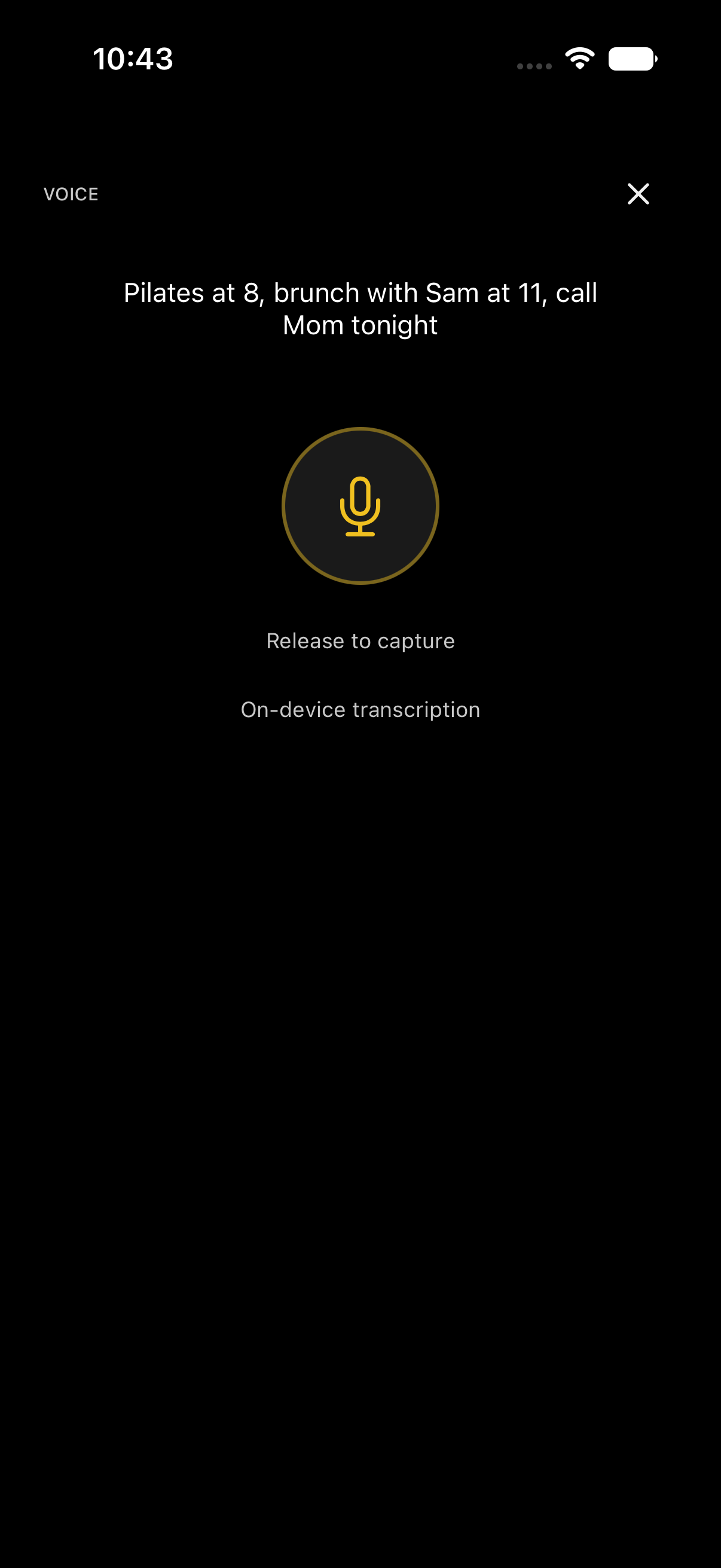 Voice ramble hold-to-talk capture with on-device transcription